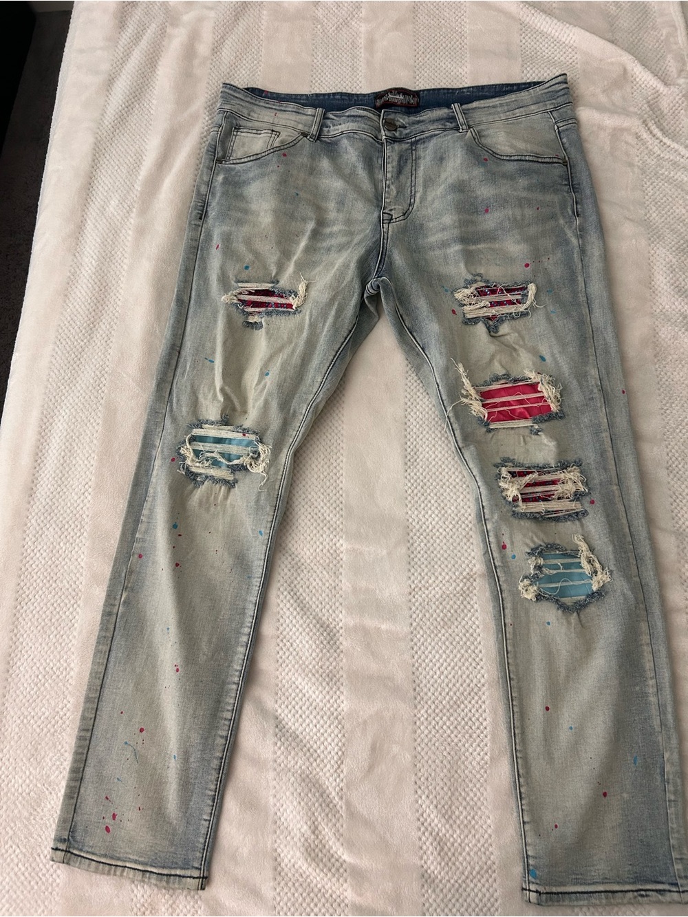 Light Blue Skinny Jeans with Red & Blue Patch Distressing